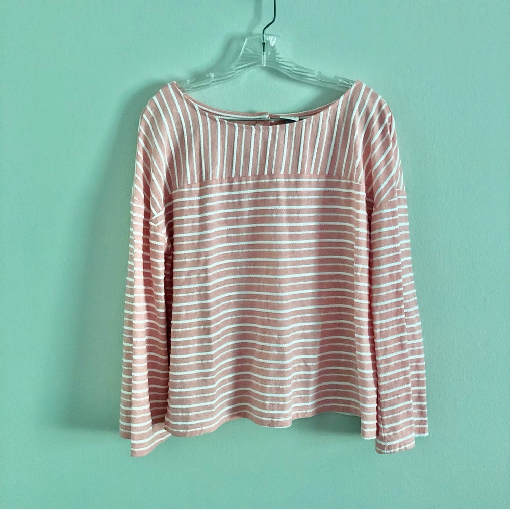 A New Day Plus Size Coral Striped Back Button Oversized Trumpet Sleeve Top - Picture 3 of 9